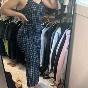 Elegant Navy Blue and White Grid Jumpsuit